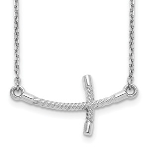 14k White Gold Large Sideways Curved Twist Cross 19 inch Necklace