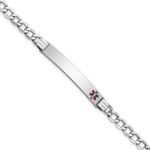 14K White Gold Medical Semi-solid Chain/Solid Plate 37x6mm Off-Center Red Enamel Curb Link 8 inch ID Bracelet