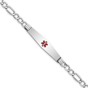 14K White Gold Medical Semi-Solid Chain/Solid Plate Soft Diamond Shape 37x9mm Centered Red Enamel Figaro Link 7 inch ID Bracelet