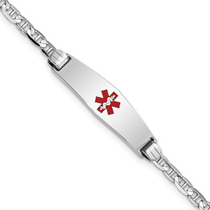 14K White Gold Medical Solid Chain/Solid Plate 24x7mm Soft Diamond Shape Centered Red Enamel Anchor Link 7 inch ID Bracelet - XM-52B79219-7957