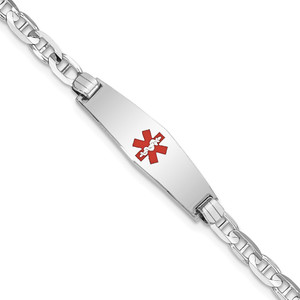 14K White Gold Medical Solid Chain/Solid Plate 24x7mm Soft Diamond Shape Centered Red Enamel Anchor Link 8 inch ID Bracelet - XM-BD668062-1269