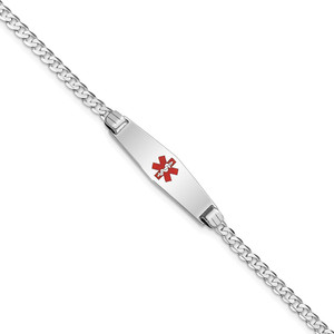 14K White Gold Medical Solid Chain/Solid Plate 24x7mm Soft Diamond Shape Centered Red Enamel Flat Curb Link 8 inch ID Bracelet