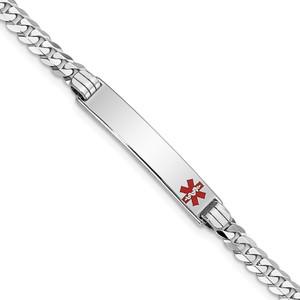 14K White Gold Medical Solid Chain/Solid Plate 26x5mm Off-Center Red Enamel Flat Curb Link 8 inch ID Bracelet - XM-911DAB8C-1257
