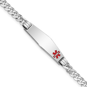 14K White Gold Medical Solid Chain/Solid Plate 26x7mm Soft Diamond Shape Off-Center Red Enamel Flat Curb Link 8 inch ID Bracelet - XM-60E548F0-7112