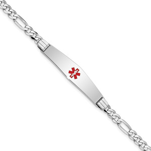 14K White Gold Medical Solid Chain/Solid Plate Soft Diamond Shape 36x9mm Centered Red Enamel Figaro Link 8 inch ID Bracelet