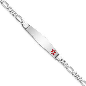 14K White Gold Medical Solid Chain/Solid Plate Soft Diamond Shape 37x9mm Off-Center Red Enamel Figaro Link 8 inch ID Bracelet