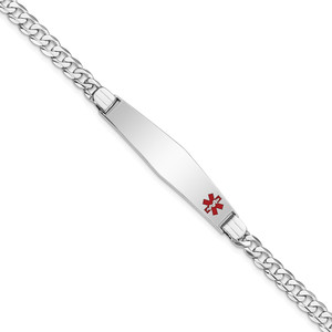 14K White Gold Medical Solid Chain/Solid Plate Soft Diamond Shape 37x9mm Off-Center Red Enamel Flat Curb Link 8 inch ID Bracelet