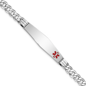 14K White Gold Medical Solid Chain/Solid Plate Soft Diamond Shape 38x9mm Off-Center Red Enamel Flat Curb Link 8 inch ID Bracelet