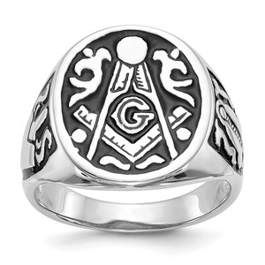14k White Gold Men's Polished and Grooved with Black Enamel Masonic Ring - Y4-53C43481-2745