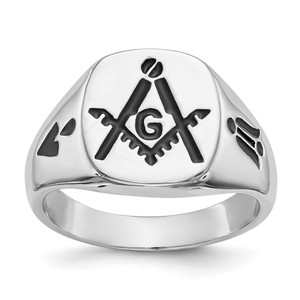 14k White Gold Men's Polished and Grooved with Black Enamel Masonic Ring - Y4-74A23BF8-6976