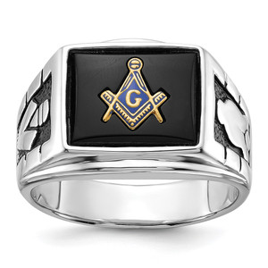 14k White Gold Men's Polished and Textured with Black Enamel and Onyx Masonic Ring - Y1-2570F5C4-2810