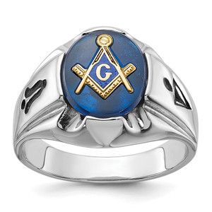 14k White Gold Men's Polished, Antiqued and Grooved with Imitation Blue Spinel Masonic Ring - Y4-ECC9289C-5003