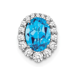 14k White Gold Oval Blue Topaz and Diamond Halo Chain Slide