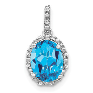 14k White Gold Oval Blue Topaz and Diamond Halo Pendant