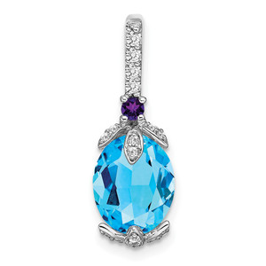 14k White Gold Oval Blue Topaz/Amethyst/Diamond Pendant