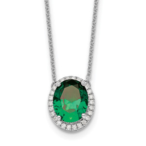 14k White Gold Oval Created Emerald/Diamond 18in. Halo Necklace - PM-9D2087D3-5237