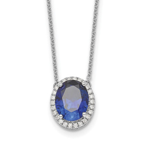 14k White Gold Oval Created Sapphire/Diamond 18in. Halo Necklace
