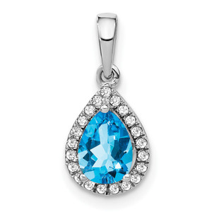 14k White Gold Pear Blue Topaz and Diamond Halo Pendant