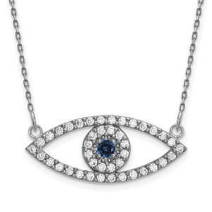 14k White Gold Polished 1/2 carat Diamond and Sapphire Medium Evil Eye 18 inch Necklace