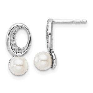 14K White Gold Polished 1/20 carat Diamond and White Freshwater Cultured Pearl Drop Post Earrings