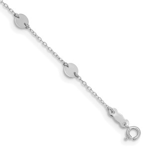 14K White Gold Polished 4.75mm Disc 9-Station 9 inch Anklet Plus 1 inch Heart Dangle Extender