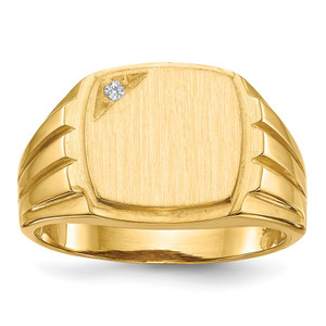 14k 12.0x11.5mm Grooved Sides Open Back AA Diamond Signet Ring