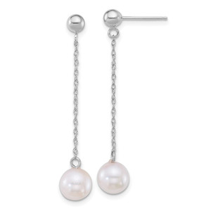 14k White Gold Polished 6.5-7mm White Round Akoya Saltwater Cultured Pearl Chain Dangle Post Earrings