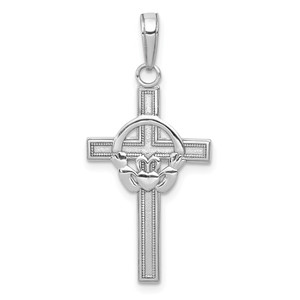 14k White Gold Polished Claddagh Cross Pendant