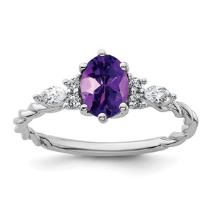 14K White Gold Polished Diamond and Amethyst Twisted Ring