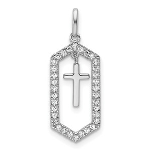 14K White Gold Polished Diamond Framed Dangle Cross Pendant