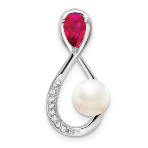 14k White Gold Ruby/FWC Pearl/Diamond Infinity Chain Slide