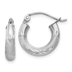 14k White Gold Satin and Diamond-cut 3mm Round Hoop Earrings - TC-0A2AD3BA-3117