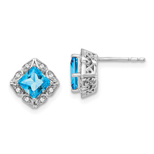 14k White Gold Square Blue Topaz and Diamond Earrings - EM-CFB66610-8995