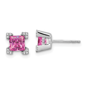 14k White Gold Square Created Pink Sapphire and Diamond Earrings