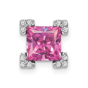14k White Gold Square Created Pink Sapphire/Diamond Chain Slide
