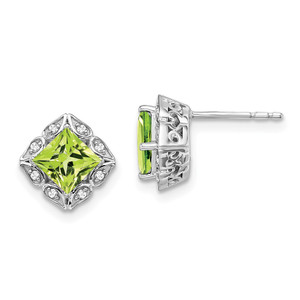 14k White Gold Square Peridot and Diamond Earrings