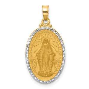 14K with Rhodium Satin and Polished Miraculous Medal Solid Oval Pendant - XR-26FBAC40-6490