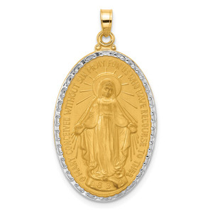 14K with Rhodium Satin and Polished Miraculous Medal Solid Oval Pendant - XR-CAA325FF-7673