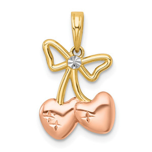 14k with White Rhodium and Rose-plating Polished Heart Cherries Charm
