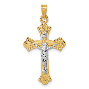 14k with White Rhodium Polished Fleur de Lis INRI Crucifix Cross Pendant - XR-38DC9FB5-3314