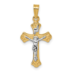 14k with White Rhodium Polished Fleur de Lis INRI Crucifix Cross Pendant - XR-481D5BB6-7875