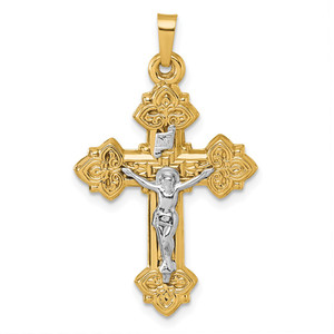 14k with White Rhodium Polished Fleur de Lis INRI Crucifix Cross Pendant - XR-62F1E599-2596