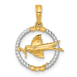 14k with White Rhodium Polished Flying Bird In Circle with Stars Charm