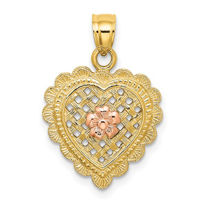14k Yellow and Rose Gold Flower In Heart Basket Charm