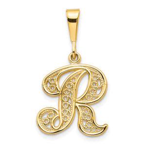 14KY Polished Script Filigree Letter R Initial Pendant