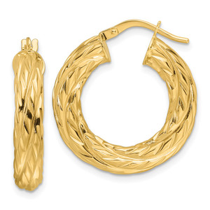 14ky Polished Woven Texture 4.75mm Round Hoop Earrings