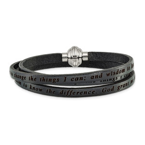 AMEN Stainless Steel Serenity Prayer Black Leather Wrap with Magnetic Clasp 21 Inch Bracelet