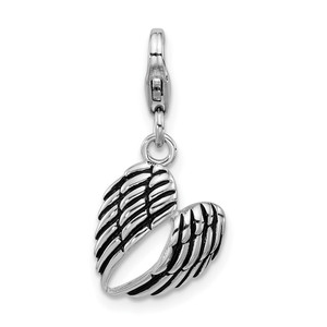 Amore La Vita Sterling Silver Rhodium-plated 3-D Antiqued Heart Shaped Angel Wings Charm with Fancy Lobster Clasp