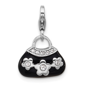 Amore La Vita Sterling Silver Rhodium-plated 3-D Black Enameled Purse with Flowers and White Crystal On Bag Charm with Fancy Lobster Clap