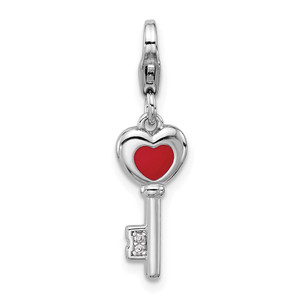 Amore La Vita Sterling Silver Rhodium-plated 3-D Red Enameled Heart Key and CZ Charm with Fancy Lobster Clasp
